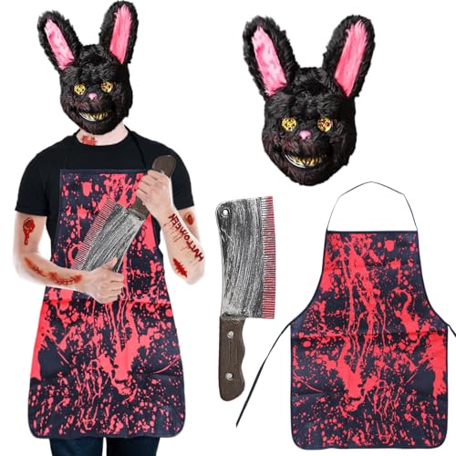 WYFDCZZP Horror Hase Kostüm, 4pcs Horror Kaninchen Halloween Kostüme, Kaninchenmaske, Machete, Schürze, Blutflecken-Aufkleber, Erwachsene & Teenager Eine Größe passt allen von WYFDCZZP