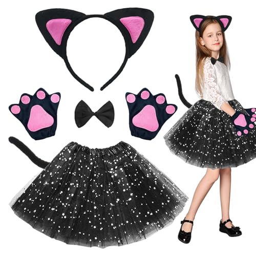 WYFDCZZP 6 Stück Katzenkostüm Kinder,Katzenkostüm Tierkostüm Kinder Cosplay Set,Katzenschwanz,Katzen Kostüm Mädchen,Schwarzes Tutu,Party Kostüm Set ür Halloween Fasching Karneval(Schwarzes) von WYFDCZZP