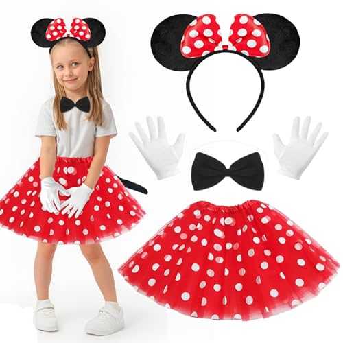 WYFDCZZP Maus Mouse Kostüm, 5 Stück Mädchen Maus Mouse Kostüm Set Rot Tutu + Haarreifen mit Maus Ohren + Schwarz Schleife + Handschuhe + Schwänze, Für Karneval Cosplay Fasching von WYFDCZZP