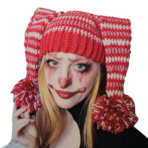 WYLZLKX Clownmütze, gestreift, Foto-Requisiten, Jahr, dicke Wintermütze, Erwachsene, gestrickt, Clownsohren, Cosplay, Rot von WYLZLKX