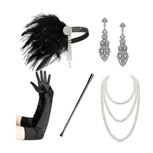 WYLZLKX Vintage Flapper Kostüm 1920er Jahre Frauen Kopfschmuck Satins Handschuhe Ohrringe Halskette Abschlussball Zubehör Set von WYLZLKX