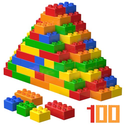 WYSWYG Große Klassische Bausteine-Set, 100 Teile Steine in 5 Farben, Kompatibel mit duplo und Top-Marken Baustein - Ideal für Kinder ab 2 3 4 Jahre von WYSWYG