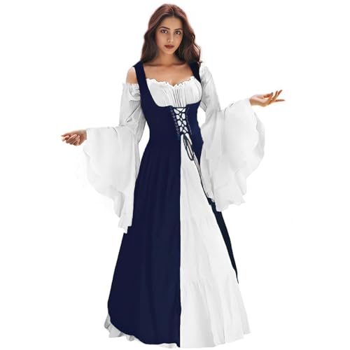 Renaissance-Kleid für Damen, mittelalterliches Kleid, Renaissance-Outfit, irisches Kleid, Halloween-Kostüm für Damen, Marineblau, L-XL von WYZJL