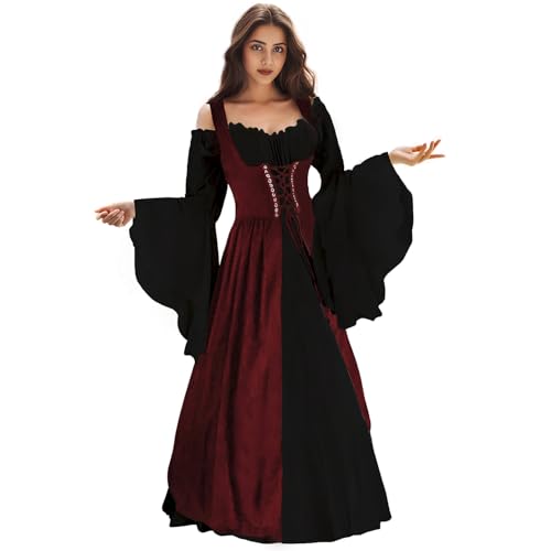 Renaissance-Kleid für Damen, mittelalterliches Kleid, Renaissance-Outfit, irisches Kleid, Halloween-Kostüm für Damen, Schwarz und Burgund, L-XL von WYZJL