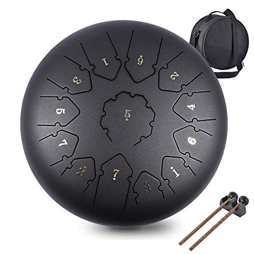 Steel Tongue Drum, WZTO Zungentrommel 13 Noten 12 Zoll Scheibentrommel Stahl Zunge Schlagzeuger Stahlzungen-Trommel Percussion Instrument Hand Pan Drum mit Trommelschlägeln und Tragetaschen(Schwarz) von WZTO