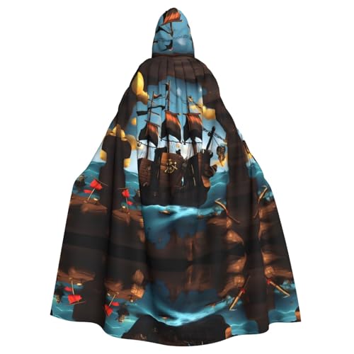 WZYWHJ Cartoon-Poncho mit Piratenschiff-Muster, Cosplay-Poncho mit Kapuze, Umhang für Damen und Herren, Halloween-Party von WZYWHJ