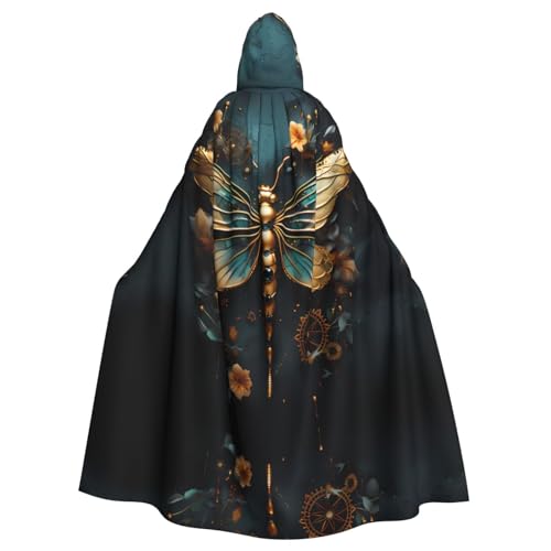 WZYWHJ Goldfarbener Poncho mit zartem Libellen-Blumenmuster, Cosplay-Poncho mit Kapuze, Umhang für Damen und Herren, Halloween-Party von WZYWHJ