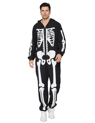 Wabolay Skelett-Kostüm für Erwachsene, Herren, Einteiler, Pyjama, gemütliches Halloween-Kostüm, Outfit mit Kapuze für Herren, einteiliger Overall, Schwarz, 3XL von Wabolay