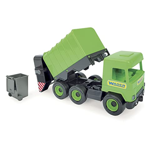 Wader Middle Truck grüner Müllwagen im Karton, realistisches Müllauto, bewegliche Seitenklappe und Lift, inkl. Mülltonne, L = 43 cm, robuste Konstruktion, ab 1 Jahr von Wader