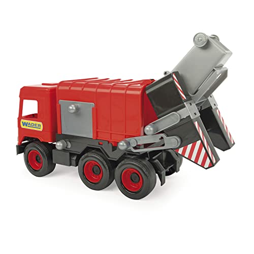 Wader Middle Truck roter Müllwagen im Karton, realistisches Müllauto, bewegliche Seitenklappe und Lift, inkl. Mülltonne, L = 43 cm, robuste Konstruktion, ab 1 Jahr von Wader