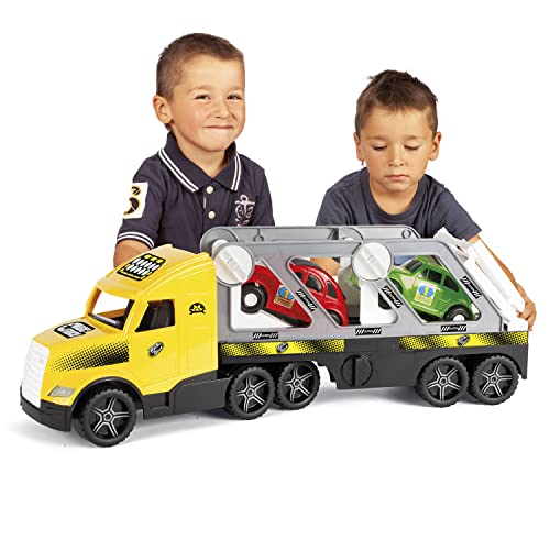 Wader 36230 - Magic Truck Autotransporter mit 2 hochwertigen Fahrzeugen und Abfahrrampen, ab 3 Jahren, ca. 79 cm, ideal als Geschenk für kreatives Spielen, Gelb von Wader