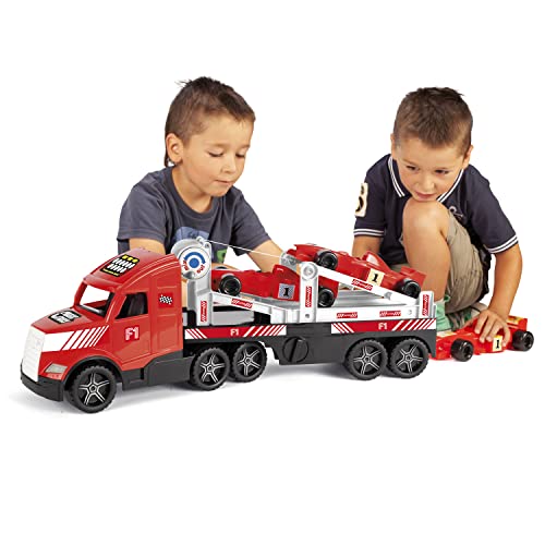 Wader 36240 - Magic Truck Formel 1 Rennwagen, inkl. Transporter mit Seilwinde, ab 3 Jahren, ca. 79 cm, ideal als Geschenk für kreatives Spielen von Wader