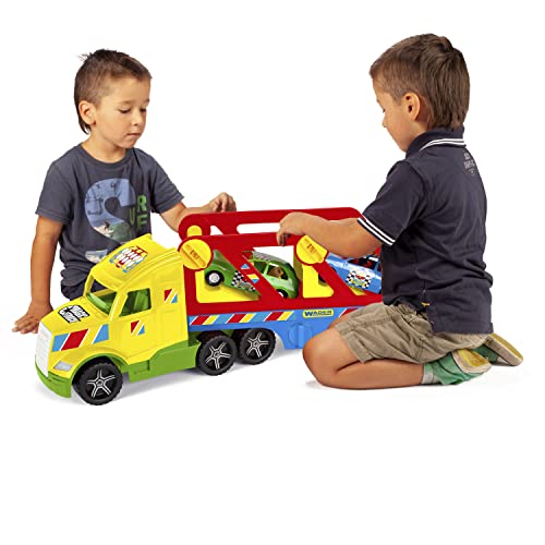 Wader 36360 - Magic Truck Autotransporter mit 2 Fahrzeugen und Abfahrrampen, ab 3 Jahren, ca. 79 cm, ideal als Geschenk für kreatives Spielen von Wader