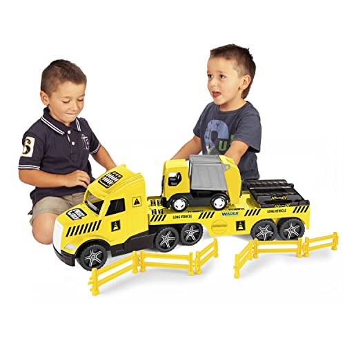 Wader 36440 - Magic Truck Tieflader mit Müllwagen, Absperrgittern und Rampen, ab 3 Jahren, ca. 79 cm, ideal als Geschenk für kreatives Spielen von Wader