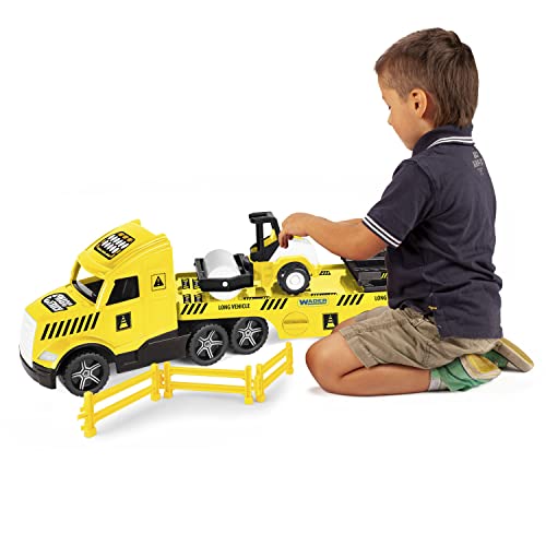 Wader 36450 - Magic Truck Tieflader mit Walze, Absperrgittern und Rampen, ab 3 Jahren, ca. 79 cm, ideal als Geschenk für kreatives Spielen, Gelb von Wader