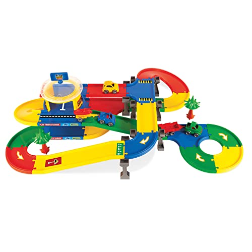 Wader 53140 Play Tracks Garage Ebenen mit DREI Fahrzeugen, Zwei Anhängern und 5,5 m Spielstraße, ab 12 Monaten, Mehrfarbig, Standard von Wader