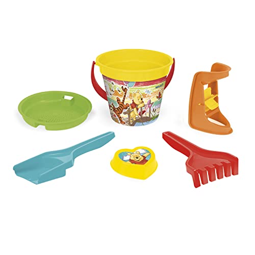 Wader 77137 - Eimergarnitur DISNEY Winnie Pooh mit Eimer, Sieb, Sandmühle, Schaufel, Rechen und Sandform, 6-teilig, bunt, ideal als Geschenk für kreatives Spielen von Wader