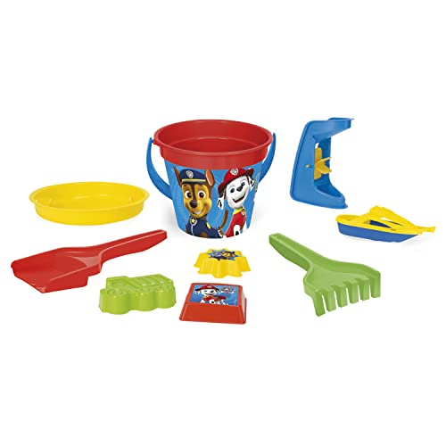 Wader 81135 - Eimergarnitur Paw Patrol mit Eimer, Boot, Sieb, Sandmühle, Schaufel, Rechen und 3 Sandformen, 9-teilig, ab 12 Monaten, ideal als Geschenk für kreatives Spielen von Wader