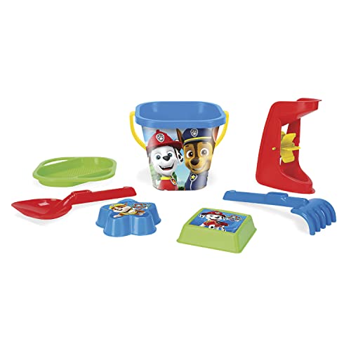 Wader 81142 - Eimergarnitur Paw Patrol mit Eimer, Sieb, Sandmühle, Schaufel, Rechen und 2 Sandformen, 7-teilig, ab 12 Monaten, ideal als Geschenk für kreatives Spielen von Wader