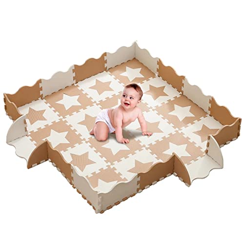 Wajade Baby Puzzlematten Krabbelmatte 36 Stücke Eva Schaumstoff Kinder mit Zaun Spielmatte Kaki Blanc pentagramme Baby Spielmatte Baby Krabbeln Boden Schlafzimmer Yoga rutschfest 150×150×1cm von Wajade