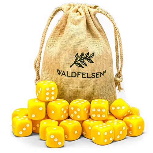 Waldfelsen 6, 12, 20, 30 oder 50 hochqualitative Würfel Standardgröße 16 mm Acrylwürfel Knobel Spielwürfel Dice 6-seitig sechsseitig Spielzubehör Set mit Stoffbeutel (Gelb, 20 Stück) von Waldfelsen