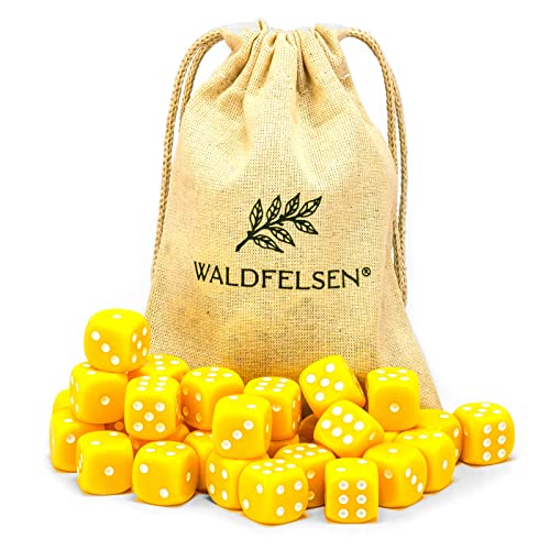 Waldfelsen 6, 12, 20, 30 oder 50 hochqualitative Würfel Standardgröße 16 mm Acrylwürfel Knobel Spielwürfel Dice 6-seitig sechsseitig Spielzubehör Set mit Stoffbeutel (Gelb, 30 Stück) von Waldfelsen