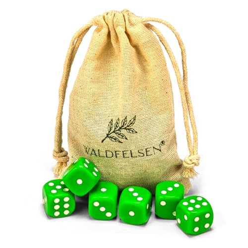 Waldfelsen 6, 12, 20, 30 oder 50 hochqualitative Würfel Standardgröße 16 mm Acrylwürfel Knobel Spielwürfel Dice 6-seitig sechsseitig Spielzubehör Set mit Stoffbeutel (Grasgrün, 6 Stück) von Waldfelsen