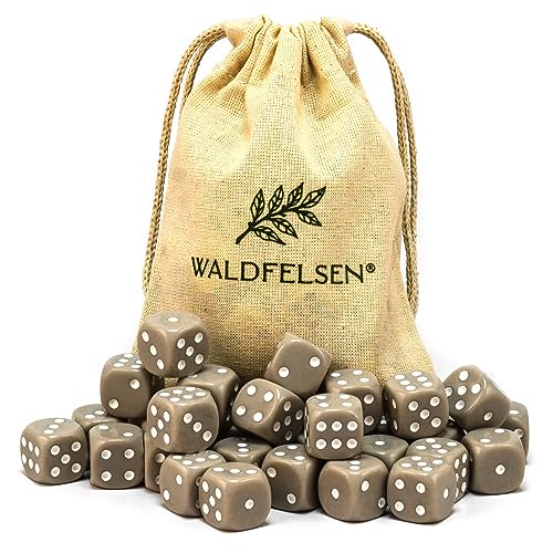 Waldfelsen 6, 12, 20, 30 oder 50 hochqualitative Würfel Standardgröße 16 mm Acrylwürfel Knobel Spielwürfel Dice 6-seitig sechsseitig Spielzubehör Set mit Stoffbeutel (Grau, 30 Stück) von Waldfelsen