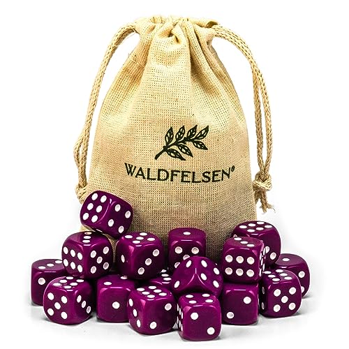 Waldfelsen 6, 12, 20, 30 oder 50 hochqualitative Würfel Standardgröße 16 mm Acrylwürfel Knobel Spielwürfel Dice 6-seitig sechsseitig Spielzubehör Set mit Stoffbeutel (Lila, 20 Stück) von Waldfelsen