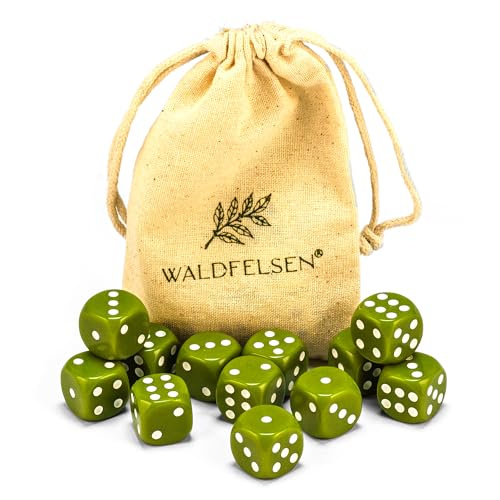 6, 12, 20, 30 oder 50 hochqualitative Würfel von Waldfelsen® Standardgröße 16 mm Acrylwürfel Knobel Spielwürfel Dice 6-seitig sechsseitig Spielzubehör Set mit Stoffbeutel (Oliv, 12 Stück) von Waldfelsen