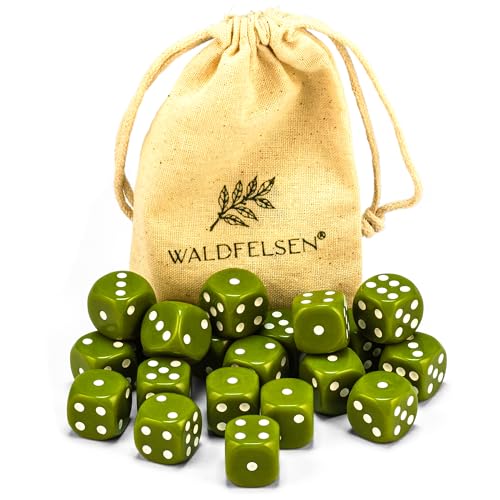 6, 12, 20, 30 oder 50 hochqualitative Würfel von Waldfelsen® Standardgröße 16 mm Acrylwürfel Knobel Spielwürfel Dice 6-seitig sechsseitig Spielzubehör Set mit Stoffbeutel (Oliv, 20 Stück) von Waldfelsen