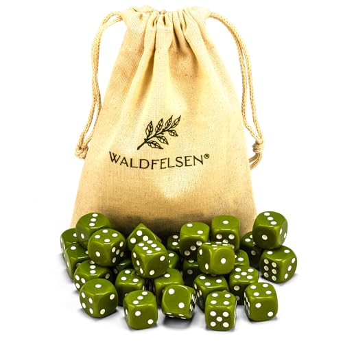 6, 12, 20, 30 oder 50 hochqualitative Würfel von Waldfelsen® Standardgröße 16 mm Acrylwürfel Knobel Spielwürfel Dice 6-seitig sechsseitig Spielzubehör Set mit Stoffbeutel (Oliv, 30 Stück) von Waldfelsen