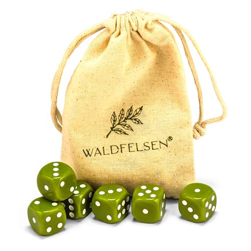 6, 12, 20, 30 oder 50 hochqualitative Würfel von Waldfelsen® Standardgröße 16 mm Acrylwürfel Knobel Spielwürfel Dice 6-seitig sechsseitig Spielzubehör Set mit Stoffbeutel (Oliv, 6 Stück) von Waldfelsen