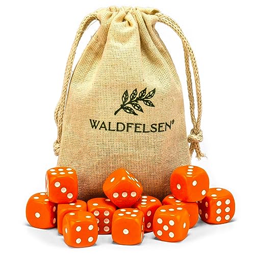 6, 12, 20, 30 oder 50 hochqualitative Würfel von Waldfelsen® Standardgröße 16 mm Acrylwürfel Knobel Spielwürfel Dice 6-seitig sechsseitig Spielzubehör Set mit Stoffbeutel (Orange, 12 Stück) von Waldfelsen