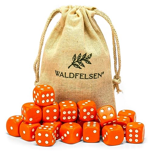 Waldfelsen 6, 12, 20, 30 oder 50 hochqualitative Würfel Standardgröße 16 mm Acrylwürfel Knobel Spielwürfel Dice 6-seitig sechsseitig Spielzubehör Set mit Stoffbeutel (Orange, 20 Stück) von Waldfelsen