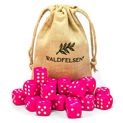 Waldfelsen 6, 12, 20, 30 oder 50 hochqualitative Würfel Standardgröße 16 mm Acrylwürfel Knobel Spielwürfel Dice 6-seitig sechsseitig Spielzubehör Set mit Stoffbeutel (Pink, 20 Stück) von Waldfelsen