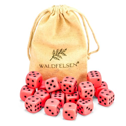 6, 12, 20, 30 oder 50 hochqualitative Würfel von Waldfelsen® Standardgröße 16 mm Acrylwürfel Knobel Spielwürfel Dice 6-seitig sechsseitig Spielzubehör Set mit Stoffbeutel (Rosa, 20 Stück) von Waldfelsen