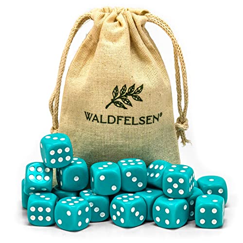 Waldfelsen 6, 12, 20, 30 oder 50 hochqualitative Würfel Standardgröße 16 mm Acrylwürfel Knobel Spielwürfel Dice 6-seitig sechsseitig Spielzubehör Set mit Stoffbeutel (Türkis, 20 Stück) von Waldfelsen