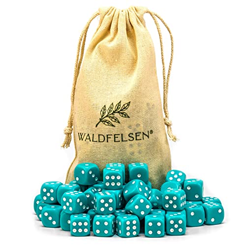 Waldfelsen 6, 12, 20, 30 oder 50 hochqualitative Würfel Standardgröße 16 mm Acrylwürfel Knobel Spielwürfel Dice 6-seitig sechsseitig Spielzubehör Set mit Stoffbeutel (Türkis, 50 Stück) von Waldfelsen