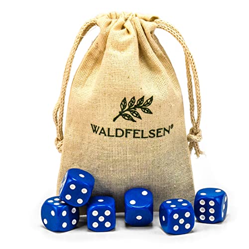 Waldfelsen 6, 12, 20, 30 oder 50 hochqualitative Würfel Standardgröße 16 mm Acrylwürfel Knobel Spielwürfel Dice 6-seitig sechsseitig Spielzubehör Set mit Stoffbeutel (Blau, 6 Stück) von Waldfelsen