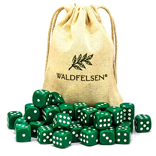 Waldfelsen 6, 12, 20, 30 oder 50 hochqualitative Würfel Standardgröße 16 mm Acrylwürfel Knobel Spielwürfel Dice 6-seitig sechsseitig Spielzubehör Set mit Stoffbeutel (Grün, 30 Stück) von Waldfelsen