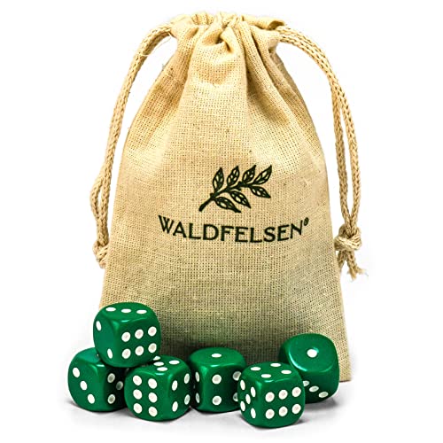 Waldfelsen 6, 12, 20, 30 oder 50 hochqualitative Würfel Standardgröße 16 mm Acrylwürfel Knobel Spielwürfel Dice 6-seitig sechsseitig Spielzubehör Set mit Stoffbeutel (Grün, 6 Stück) von Waldfelsen