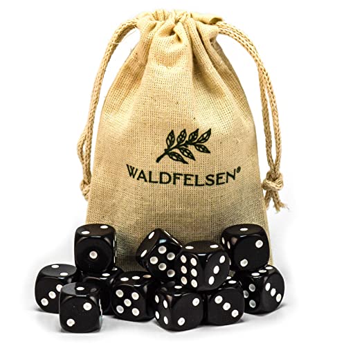 Waldfelsen 6, 12, 20, 30 oder 50 hochqualitative Würfel Standardgröße 16 mm Acrylwürfel Knobel Spielwürfel Dice 6-seitig sechsseitig Spielzubehör Set mit Stoffbeutel (Schwarz, 12 Stück) von Waldfelsen