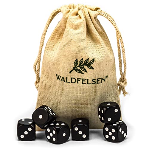 Waldfelsen 6, 12, 20, 30 oder 50 hochqualitative Würfel Standardgröße 16 mm Acrylwürfel Knobel Spielwürfel Dice 6-seitig sechsseitig Spielzubehör Set mit Stoffbeutel (Schwarz, 6 Stück) von Waldfelsen