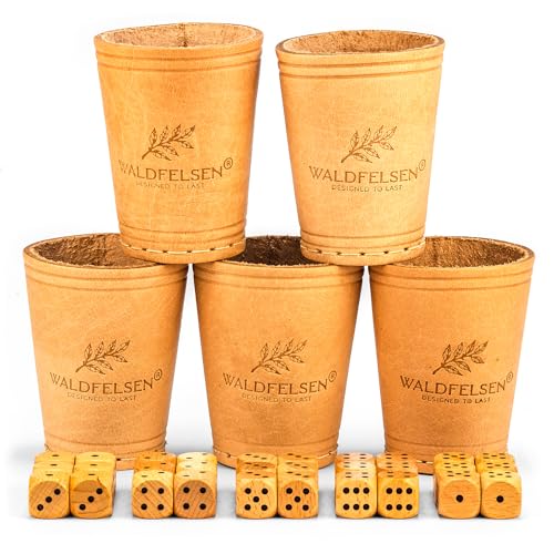 Waldfelsen® 5 Echtleder Würfelbecher (9 cm) mit 30 Holzwürfeln (16 mm) aus Buchenholz Lederbecher Würfelset Augenwürfel Spielwürfel (Farbe: Beige) von Waldfelsen