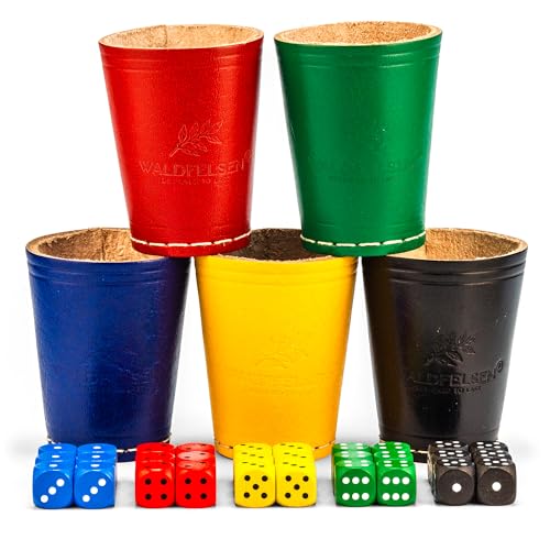 Waldfelsen® 5 Echtleder Würfelbecher (9 cm) mit 30 Holzwürfeln (16 mm) aus Buchenholz Lederbecher Würfelset Augenwürfel Spielwürfel (Farben: Blau, Rot, Gelb, Grün & Schwarz) von Waldfelsen