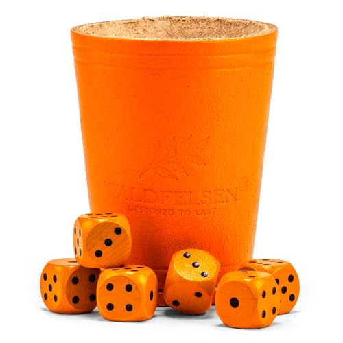 WALDFELSEN® Echtleder Würfelbecher (9 cm) mit 6 Holzwürfeln (16 mm) aus Buchenholz Lederbecher Würfelset Augenwürfel Spielwürfel (Farbe: Orange) von Waldfelsen