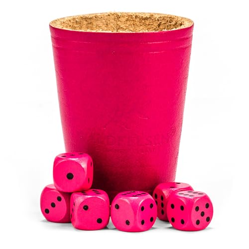 Waldfelsen® Echtleder Würfelbecher (9 cm) mit 6 Holzwürfeln (16 mm) aus Buchenholz Lederbecher Würfelset Augenwürfel Spielwürfel (Farbe: Pink) von Waldfelsen