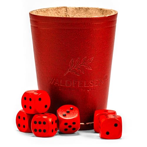 WALDFELSEN® Echtleder Würfelbecher (9 cm) mit 6 Holzwürfeln (16 mm) aus Buchenholz Lederbecher Würfelset Augenwürfel Spielwürfel (Farbe: Rot) von Waldfelsen