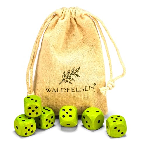 Waldfelsen 6, 12, 20, 30 oder 50 hochqualitative Holzwürfel aus echtem Buchenholz Augenwürfel Spielwürfel aus Holz in 16 mm Standardwürfel mit Stoffbeutel Würfelset (Grasgrün, 6 Stück) von Waldfelsen